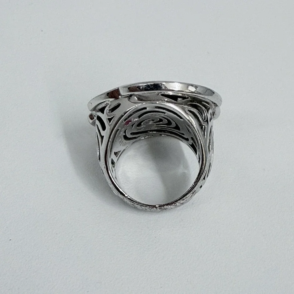 Lauren G Adams Silver Tone Metal Rose CZ Ring LGA Daisy Enamel Size 6 3/4 7